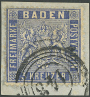 BADEN 10c BrfStk, 1861, 3 Kr. Veilchenblau, Nummernstempel 148, übliche Leichte Zahnmängel Sonst Prachtbriefstück, Gepr. - Afgestempeld
