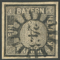 BAYERN 1Ia O, 1849, 1 Kr. Schwarz, Platte 1, Hinterlegt, Stark Repariert, Mi. (3500.-) - Sonstige & Ohne Zuordnung