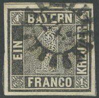 BAYERN 1IIa O, 1850, 1 Kr. Schwarzgrau, Platte 2, MR-Stempel 243, Voll-breitrandig, Dünne Stellen Hinterlegt Sonst Farbf - Otros & Sin Clasificación