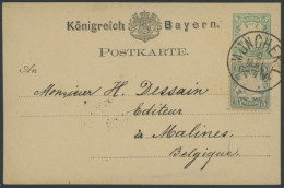 BAYERN 38a BRIEF, 1878, 5 Pf. Bläulichgrün Als Zusatzfrankatur Auf 5 Pf. Ganzsachenkarte Von MÜNCHEN Nach Belgien, Prach - Entiers Postaux