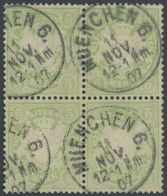 BAYERN 70x VB O, 1900, 5 M. Gelbgrün, Wz. 3, Im Viererblock, Pracht - Afgestempeld