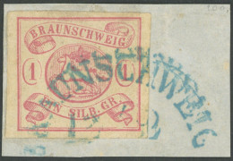 BRAUNSCHWEIG 1 BrfStk, 1852, 1 Sgr. Karmin, Blauer Halbkreisstempel BRAUNSCHWEIG, Breitrandig, Kabinettbriefstück, Gepr. - Braunschweig