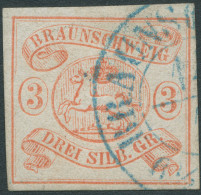 BRAUNSCHWEIG 3 O, 1852, 3 Sgr. Orangerot, Blauer K2 Von Braunschweig, Vollrandig, Pracht, Signiert, Mi. 350,- - Braunschweig