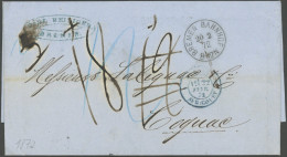 BREMEN 1872, BREMEN BAHNHOF, K1, Auf Taxiertem Kabinettbrief Mit Blauem K2 PRUSSE 4 AVRICOURT Nach Cognac - Prephilately