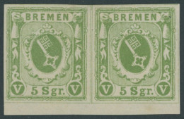 BREMEN 4a Paar , 1859, 5 Sgr. Gelbgrün Im Waagerechten Paar Mit Unterrand, Linke Marke Ein Brauner Punkt Am Oberrand Son - Brême