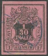HANNOVER 3bW O, 1855, 1/30 Th. Schwarz Auf Himberrot, Kopfstehendes Wz., Kabinett, Kurzbefund Berger, Mi. 300.- - Hannover