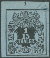 HANNOVER 4 O, 1851, 1/15 Th. Schwarz Auf Graublau, Oberer Rechte Bogenecke Mit Reihenzähler 1, Pracht, Gepr. Berger - Hanovre