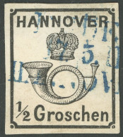 HANNOVER 17y O, 1860, 1/2 Gr. Schwarz, Blauer L3 EMDEN-HANNOVER, Pracht, Mi. 250.- - Hannover