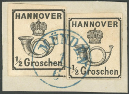 HANNOVER 17y BrfStk, 1860, 1/2 Gr. Schwarz, 2x Auf Briefstück, Blauer K1 MÜNDEN, Rechte Marke Rechts Unten Berührt Sonst - Hannover