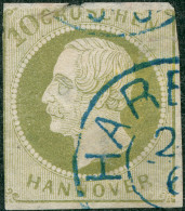 HANNOVER 18 O, 1861, 10 G. Grün, K2 HARBURG, Starke Mängel - Hanover