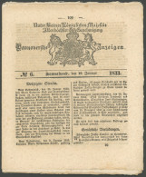 HANNOVER 1833, Zeitung Hannoversche Anzeigen No. 6 Mit Anzeigen Aus Allen Lebensbereichen, Pracht - Hanovre