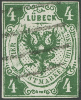 LÜBECK 5a O, 1859, 4 S. Dunkelgrün, Kleine Mängel, Feinst, Fotobefund Mehlmann, Mi. 750.- - Lubeck