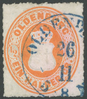 OLDENBURG 16Aa O, 1862, 1/2 Gr. Orange, Durchstich 11 3/4, Pracht, Gepr. Pfenninger, Mi. 140.- - Oldenbourg