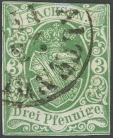 SACHSEN 2Ic O, 1851, 3 Pf. Hellgrün, 1. Auflage, K1 ALTENBURG, Teils Leicht Angeschnitten, Feinst, Fotobefund Vaatz, Mi. - Saxe