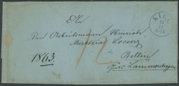 SCHLESWIG-HOLSTEIN 1863, KIEL, Blauer K1 Mit Uhrzeit! Auf Brief Nach Bellin, Rückseitiges Lacksiegel Kronshagen, Königli - [Voorlopers