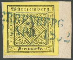 WÜRTTEMBERG 2aI BrfStk, 1851, 3 Kr. Schwarz Auf Hellgelb, Blauer L2 HERRENBERG, Waagerechte Bugspur Sonst Prachtbriefstü - Andere & Zonder Classificatie