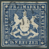 WÜRTTEMBERG 15 O, 1859, 18 Kr. Blau, Rechtes Randstück, Waagerechter Bug Und Rückseitige Mängel, Sonst Farbfrisches Voll - Otros & Sin Clasificación