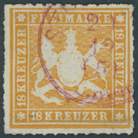 WÜRTTEMBERG 34 O, 1867, 18 Kr. Orangegelb Mit Rotem Stempel STUTTGART, Feinst, Gepr. Thoma, Mi. 1000.- - Andere & Zonder Classificatie