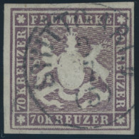 WÜRTTEMBERG 42a O, 1873, 70 Kr. Braunlila, Bogenfeld 3, Kleine Rückseitige, Teils Hinterlegte Schürfungen Sonst Farbfris - Andere & Zonder Classificatie