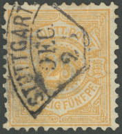 WÜRTTEMBERG 57b O, 1890, 25 Pf. Hellgelborange, Feinst (kleine Helle Stelle), Gepr. Winkler, Mi. 200.- - Otros & Sin Clasificación