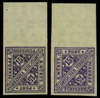 WÜRTTEMBERG 252PU , 1917, 15 Pf. Violettschwarz (2 Verschiedene Farben!), Ungezähnt, Mit Oberrand, 2 Prachtwerte (1x Lei - Other & Unclassified
