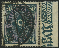 Dt. Reich 209PY O, 1922, 50 M. Schwarzbläulichgrün, Wz. Kreuzblüten, Vom Rechten Rand, Pracht, Gepr. Peschl, Mi. (1100.- - Gebruikt