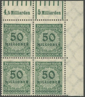 Dt. Reich 321AWb VB , 1923, 50 Mio. M. Blaugrün, Gezähnt, Walzendruck, Im Oberen Rechten Eckrandviererblock, Postfrisch, - Otros & Sin Clasificación