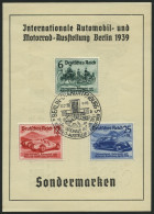 Dt. Reich 686-88 BRIEF, 1939, Automobilausstellung Mit Ersttags-Sonderstempel Auf Erinnerungsblatt Der Deutschen Bank, P - Briefe U. Dokumente