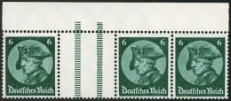 ZUSAMMENDRUCKE WZ 9 PF II , 1933, Fredericus 6 + Z + 6 Mit Plattenfehler Grüner Strich Am Rechten Rahmen, Mit Oberrand,  - Se-Tenant