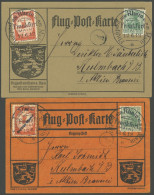 ZEPPELINPOST 11,13 BRIEF, 1912, 20 Pf. Flp. Am Rhein Und Main Und 1 M. Gelber Hund Je Auf Flugpostkarte Grau Bzw. Orange - Luft- Und Zeppelinpost