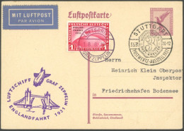 ZEPPELINPOST 122Ab BRIEF, 1931, Englandfahrt, Bordpost, Frankiert Mit 1 RM Polarfahrt Auf 15 Pf. Adler-Ganzsachenkarte,  - Luchtpost & Zeppelin