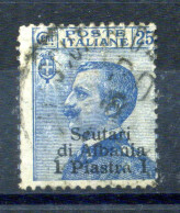 1909-11 LEVANTE Scutari D'Albania N.4 1pi. Su 25 Centesimi Azzurro USATO - Uffici D'Europa E D'Asia