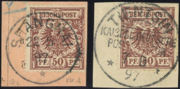 DP CHINA V 50d BrfStk, 1897, 50 Pf. Lebhaftrötlichbraun, Stempel SHANGHAI Und TIENTSIN KDPAG, 2 Postabschnitte, Pracht - Chine (bureaux)