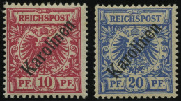 KAROLINEN 3/4I , 1899, 10 Und 20 Pf. Diagonaler Aufdruck, Falzreste, 2 Prachtwerte, Mi. 150.- - Islas Carolinas