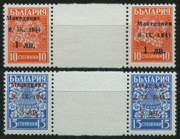 MAKEDONIEN 1,2ZW , 1944, 1 Auf 10 St. Orangerot Und 3 Auf 15 St. Hellblau, Je Im Waagerechten Zwischenstegpaar, Pracht,  - Ocupación 1938 – 45