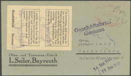 ALL. BES. GEBÜHR BEZAHLT BAYREUTH GEBÜHR BEZAHLT 18.8.45, Roter Ovalstempel über 12 Pf. Auf Brief Mit Seltenem Zweisprac - Autres & Non Classés