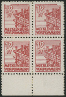 MECKLENBURG-VORPOMMERN 36xc VB , 1946, 12 Pf. Lebhaftbraunrot, Kreidepapier, Im Viererblock Vom Unterrand, Dabei Platten - Sonstige & Ohne Zuordnung