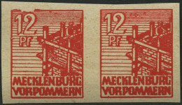 MECKLENBURG-VORPOMMERN 36ybU Paar , 1946, 12 Pf. Rot, Graues Papier, Ungezähnt, Im Waagerechten Paar, Linke Marke Mit Pl - Other & Unclassified