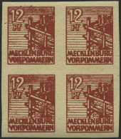 MECKLENBURG-VORPOMMERN 36ydU VB , 1946, 12 Pf. Braunrot, Graues Papier, Ungezähnt, Im Viererblock, Pracht, R!, Fotoattes - Sonstige & Ohne Zuordnung