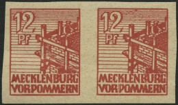 MECKLENBURG-VORPOMMERN 36ydU Paar , 1946, 12 Pf. Braunrot, Graues Papier, Ungezähnt, Im Waagerechten Paar, Diagonaler Bu - Autres & Non Classés