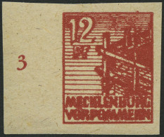 MECKLENBURG-VORPOMMERN 36ydU , 1946, 12 Pf. Braunrot, Graues Papier, Ungezähnt, Linkes Randstück, Pracht, Fotobefund Kra - Sonstige & Ohne Zuordnung