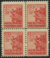 MECKLENBURG-VORPOMMERN 36zb VB , 1946, 12 Pf. Rot, Dünnes Papier, Im Viererblock, Dabei Plattenfehler 36III, Pracht, Gep - Sonstige & Ohne Zuordnung