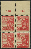 MECKLENBURG-VORPOMMERN 36zb VB , 1946, 12 Pf. Rot, Dünnes Papier, Im Viererblock Vom Oberrand, Pracht, Gepr. Kramp, Mi.  - Sonstige & Ohne Zuordnung