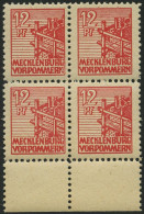 MECKLENBURG-VORPOMMERN 36zz VB , 1946, 12 Pf. Rot, Dünnes Papier, Diagonal Genetzte Gummierung, Im Viererblock Vom Unter - Autres & Non Classés