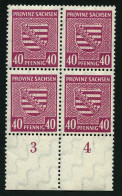 PROVINZ SACHSEN 84Xa VB , 1945, 40 Pf. Dunkellilarosa, Wz. 1X, Im Unterrandviererblock, Dabei Plattenfehler I, Pracht, G - Otros & Sin Clasificación