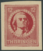 THÜRINGEN 97AXbp2U , 1945, 12 Pf. Dunkelbräunlichrot, Vollgummierung, Dickes Papier, Fallende Papierstreifung, Ungezähnt - Other & Unclassified