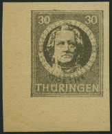 THÜRINGEN 99BXaw , 1945, 30 Pf. Olivgrau, Ungezähnt, Vollgummierung, Dickes Papier, Untere Linke Bogenecke, Pracht, Atte - Autres & Non Classés