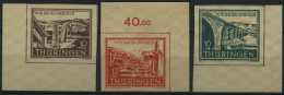 THÜRINGEN 112-14yy , 1946, 10 - 16 Pf. Wiederaufbau, Dünnes Papier, Je Aus Der Bogenecke, 3 Prachtwerte, Gepr. Ströh/Jas - Andere & Zonder Classificatie