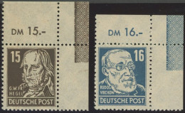 ALLGEMEINE-AUSGABEN 217/8 RL 2 , 1948, 15 Pf. Hegel Und 16 Pf. Virchow, Je Aus Der Rechten Oberen Bogenecke, Je Mit Brei - Andere & Zonder Classificatie