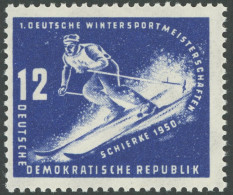 DDR 246I , 1950, 12 Pf. Wintersportmeisterschaften Mit Abart Senkrechter Blauer Strich Oben Im Dunklen Teil Des Skistock - Altri & Non Classificati